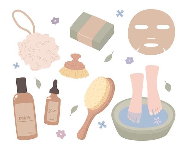 Conjunto de itens sobre o tema de cuidados com o corpo higiene cuidados com a pele e tratamentos de spa