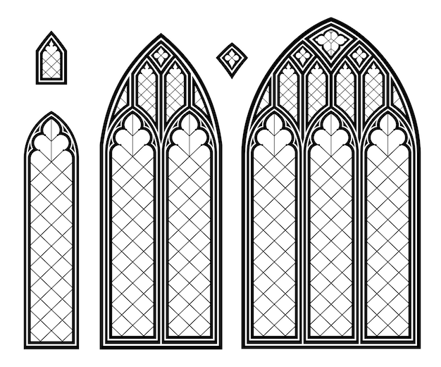 Vetor conjunto de janelas de catedral de vitrais góticos medievais