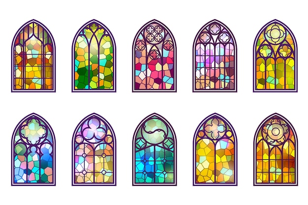 Conjunto de janelas góticas molduras de igreja de vitrais vintage elemento da arquitetura tradicional europeia