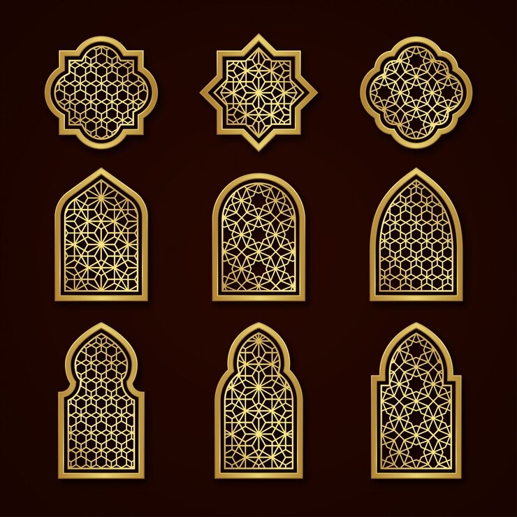 Vetor conjunto de janelas ornamentais árabes de ouro