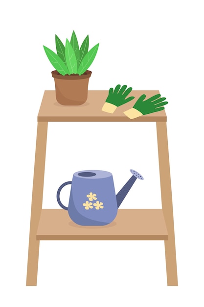 Conjunto de jardim com regador, vaso de plantas e luvas de borracha. ilustração em vetor de carrinho de madeira.