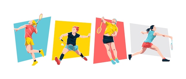 Conjunto de jogadoras de badminton Badminton personagem atleta fundo isolado Ilustração plana
