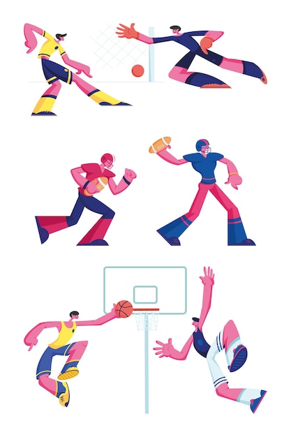 Conjunto de jogadores de futebol, rugby e basquete, isolado no fundo branco. ilustração plana dos desenhos animados