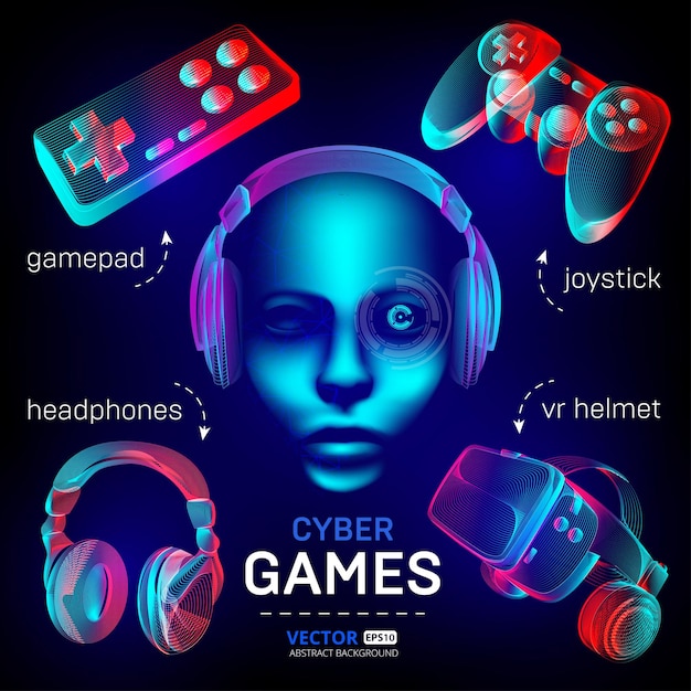 Conjunto de jogos Cybersport - capacete VR com óculos, fones de ouvido, gamepad, joystick e cara de robô.
