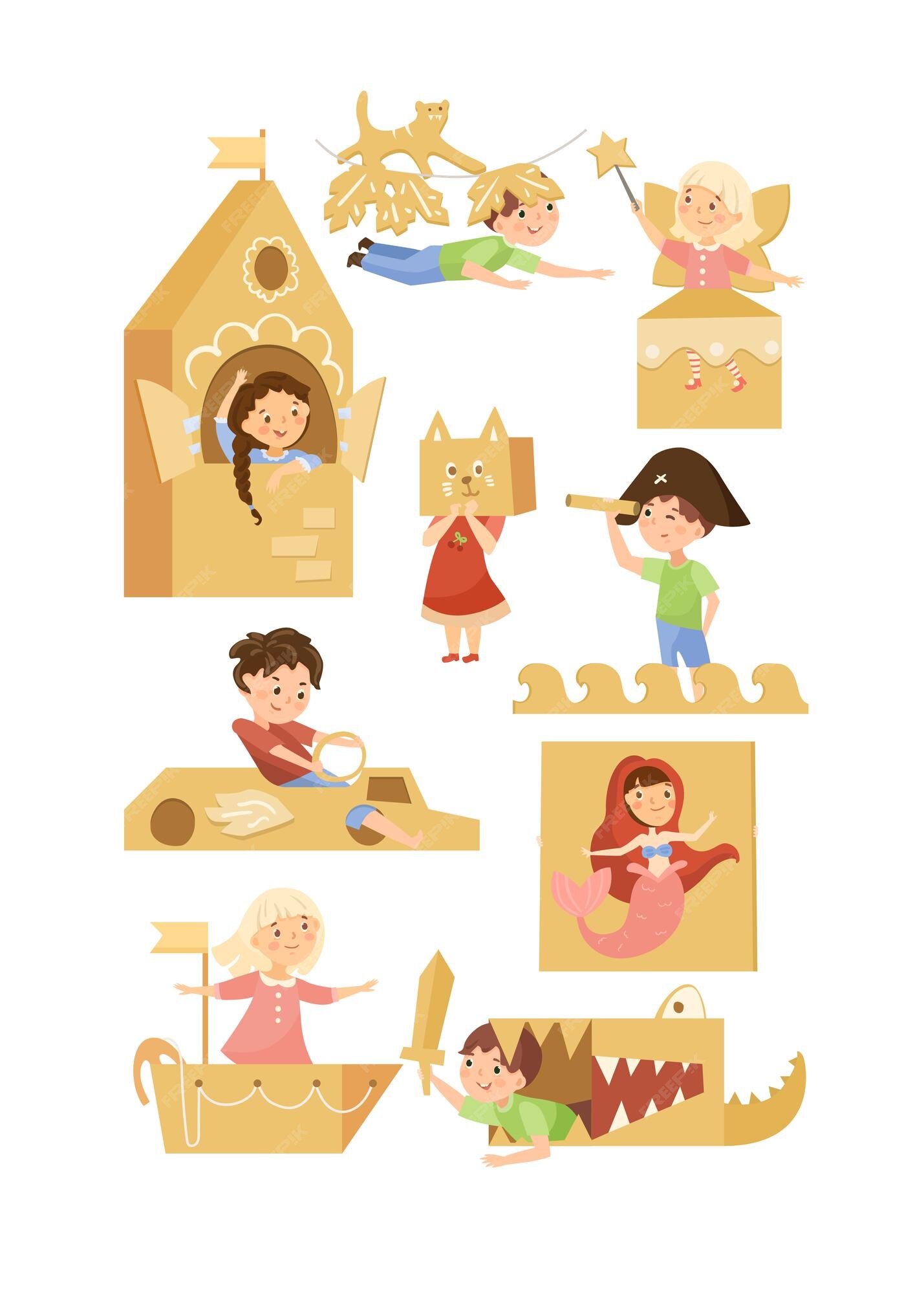 Conjunto de jogos infantis em trajes de caixa de papelão. ilustrações  vetoriais de jogar meninas e meninos criativos. criança bonita dos desenhos  animados com barco artesanal de papel, foguete e carro isolado