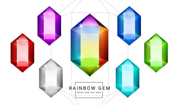 Conjunto de joias de fantasia de cores do arco-íris, pedra de cristal em forma de polígono para o jogo.