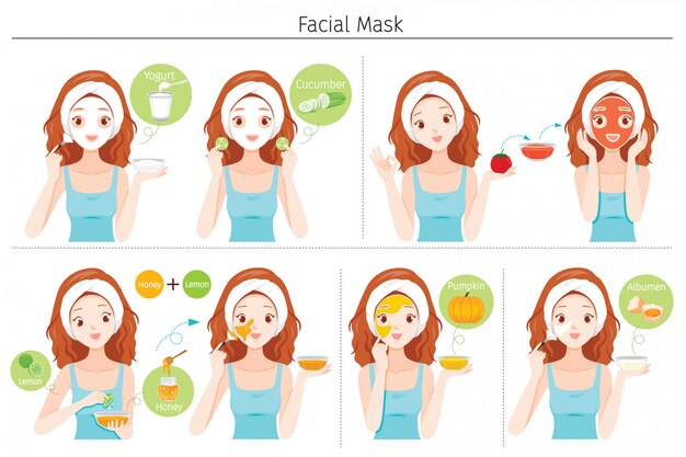 Conjunto de jovem mascarar o rosto com máscara facial natural, iogurte e frutas