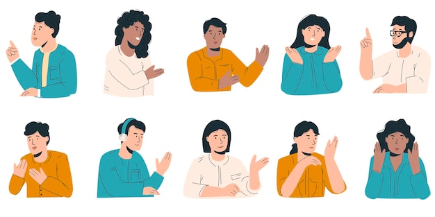 Conjunto de jovens contando histórias usando gestos eles explicam algo ilustração vetorial em estilo moderno