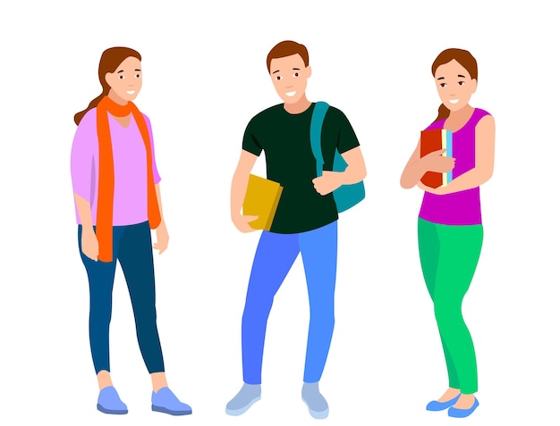 Conjunto de jovens homens e mulheres de cores diferentes grupo de personagens de desenho animado de silhuetas de pessoas de negócios em pé estudantes projetam conceito de ícone plano isolado em fundo branco