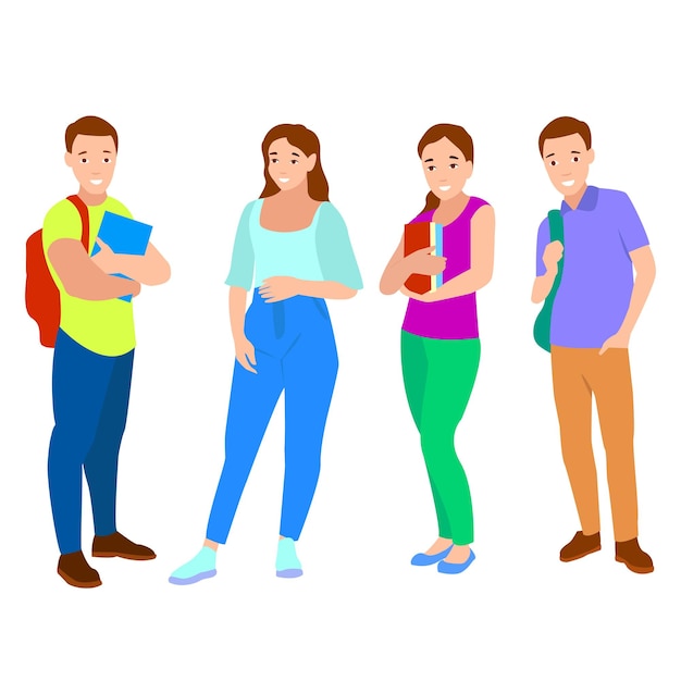Conjunto de jovens homens e mulheres de cores diferentes grupo de personagens de desenho animado de silhuetas de pessoas de negócios em pé estudantes projetam conceito de ícone plano isolado em fundo branco