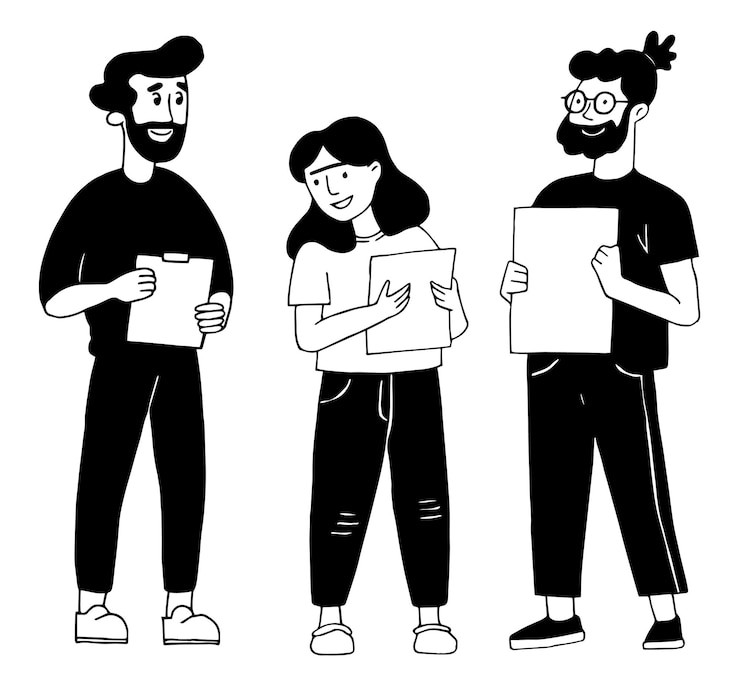 Vetor conjunto de jovens modernos trabalhadores e colegas de desenho vetorial em estilo linear simples plano