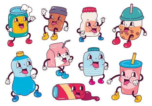 Conjunto de junk food em ilustração de estilo cartoon retrô, coleção de arte vetorial de personagem vintage