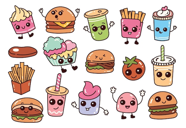 Vetor conjunto de junk food kawaii e bebidas na ilustração do estilo cartoon kawaii