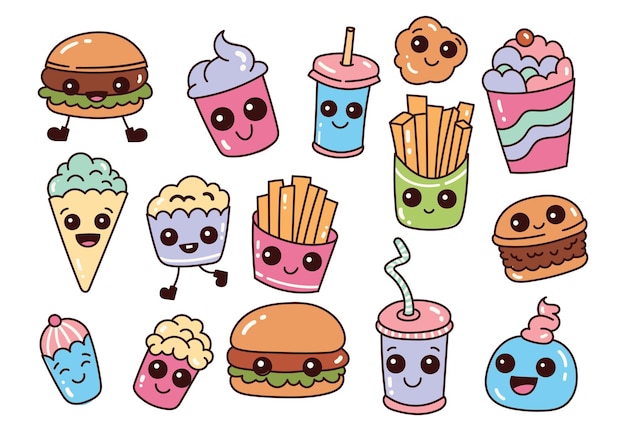 Conjunto de junk food kawaii e bebidas na ilustração do estilo cartoon kawaii