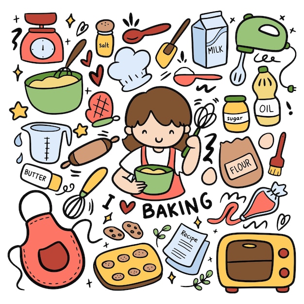 Conjunto de kawaii baking equipment doodles vector clip art
