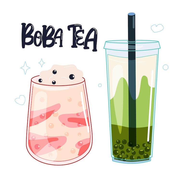 Vetor conjunto de kawaii chá de bolha chá de leite chá boba bebida taiwanesa asiática
