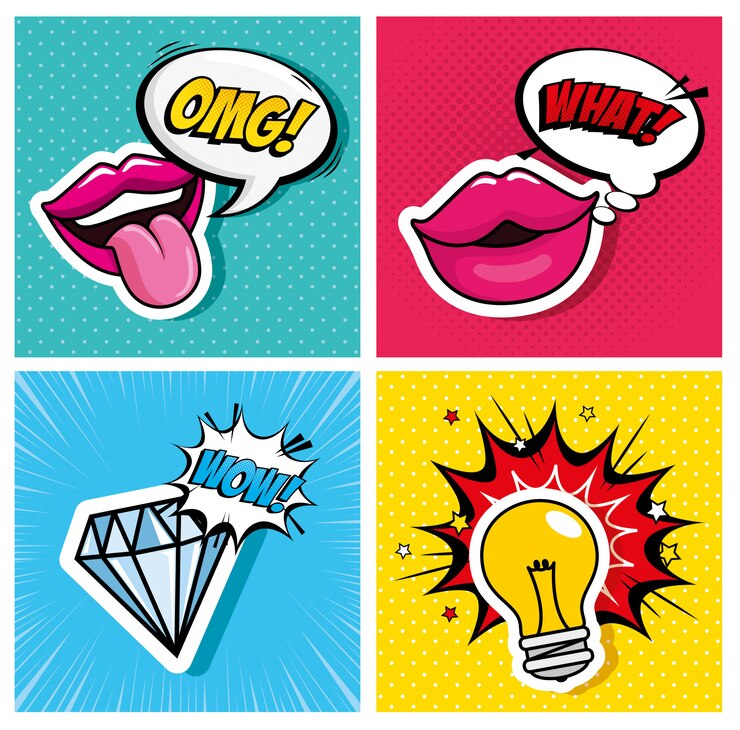 Vetor conjunto de lábios com diamante e lâmpada estilo pop art