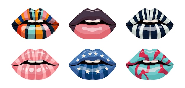 Conjunto de lábios femininos com desenho de cor abstrato Boca aberta com dentes lábios sensuais Vector