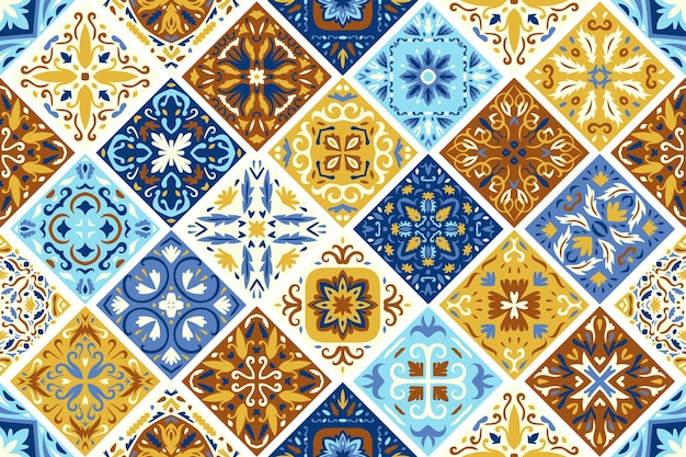 Vetor conjunto de ladrilhos de azulejo estampados fundo sem costura padrão colorido abstrato geométrico patchwork coleção de azulejos em estilo turco decoração portuguesa e espanhola islam árabe