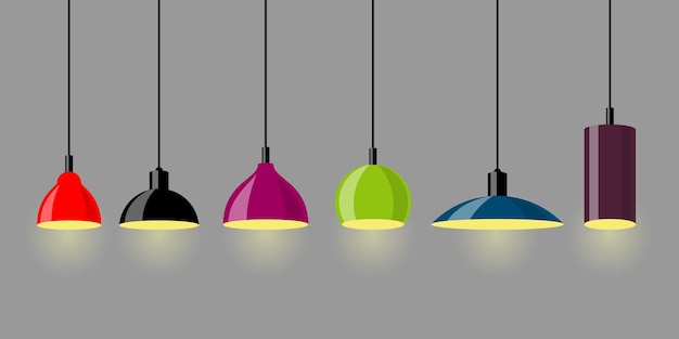 Conjunto de lâmpadas suspensas, lâmpadas de candelabros, lâmpadas, elementos do interior moderno, ilustração vetorial isolada