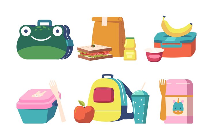 Vetor conjunto de lancheiras escolares, coleção de lancheira de design infantil com alimentos, frutas ou vegetais embalados em um recipiente infantil