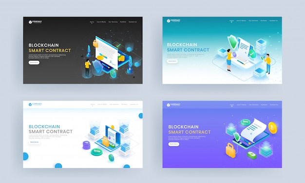 Conjunto de landing page com contratos on-line de smartphone e laptop com investimento de dinheiro para contrato inteligente de cadeia de bloco.