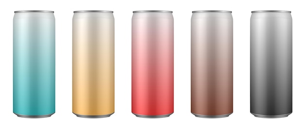 Conjunto de latas brancas, vermelhas, amarelas, verdes, castanhas e pretas de sumo ou refrigerante para bebidas energéticas