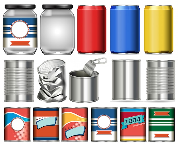 Conjunto de latas de alumínio com design de etiqueta no fundo branco