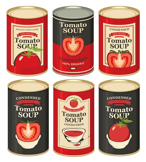 Conjunto de latas de sopa de tomate