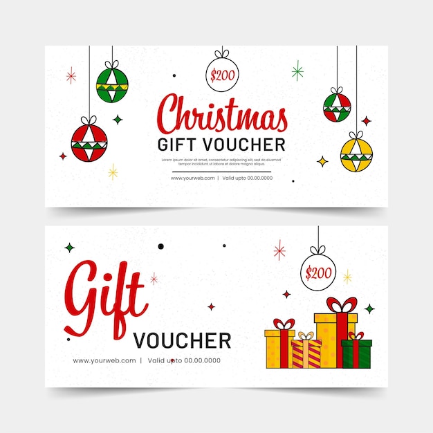 Conjunto de layout de Banner de Voucher de presente de Natal com enfeites pendurar e caixas de presente na cor branca.