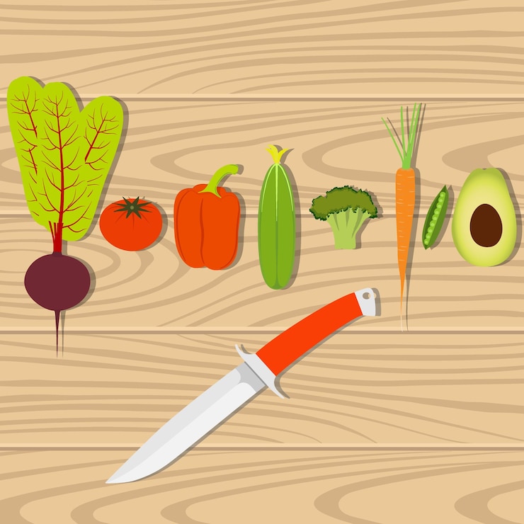 Vetor conjunto de legumes e faca em uma mesa de madeira para cozinhar comida vegana saudável