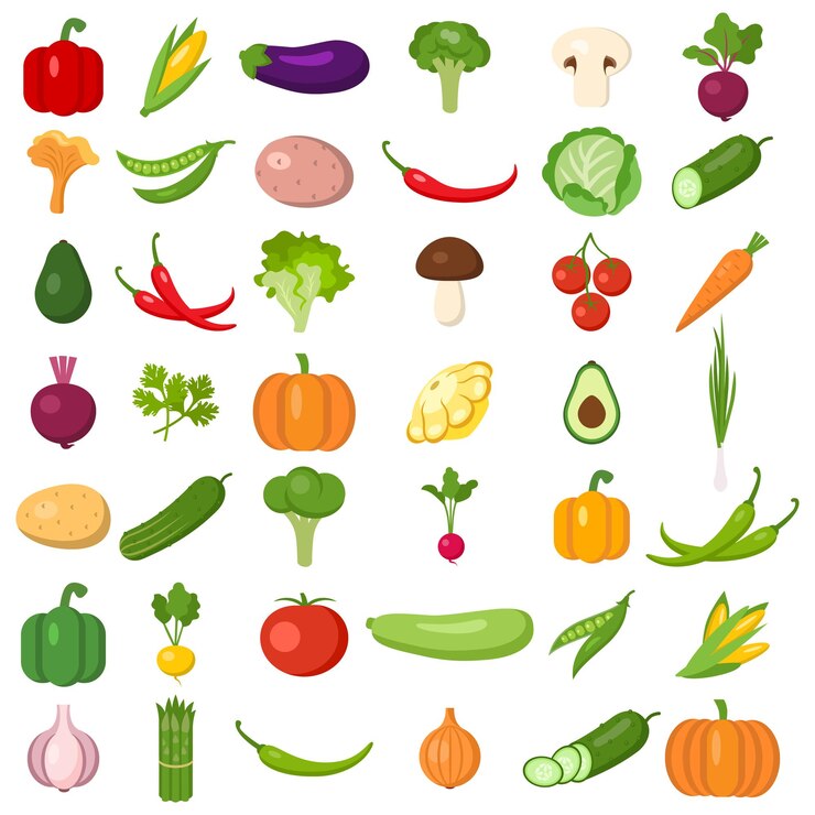 Vetor conjunto de legumes. vegetais coloridos diferentes. todos os tipos de vegetais verdes para cozinhar refeições, plantar no jardim.