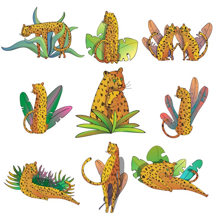 Vetor conjunto de leopardos com folhas tópicas grandes gatos selvagens com corpos manchados arte de linha com preenchimento colorido e gradientes tema de vida selvagem ilustrações vetoriais desenhadas à mão isoladas em fundo branco