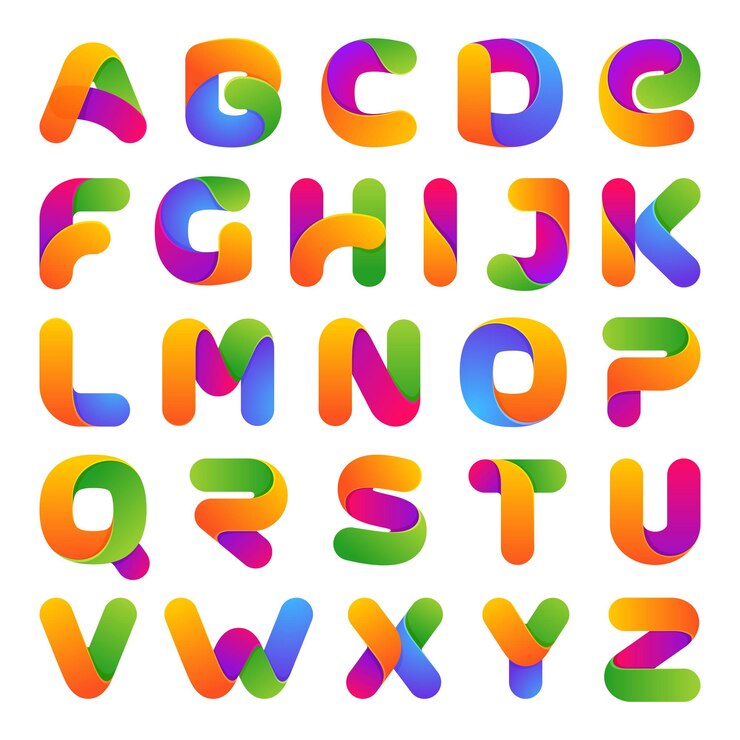 Conjunto de letras coloridas de uma linha. Em branco. Estilo da fonte, alfabeto