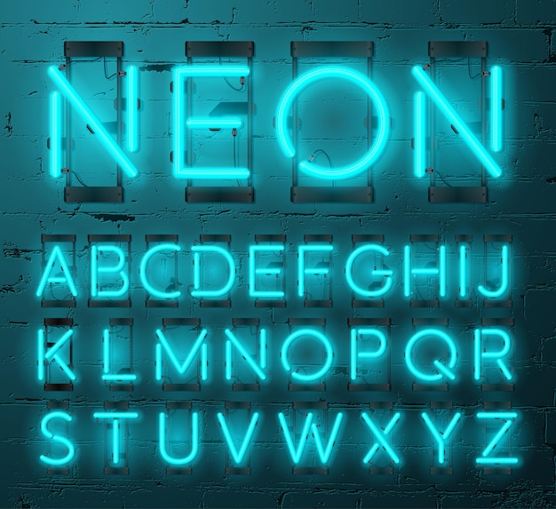 Conjunto de letras de néon no fundo da parede de tijolos