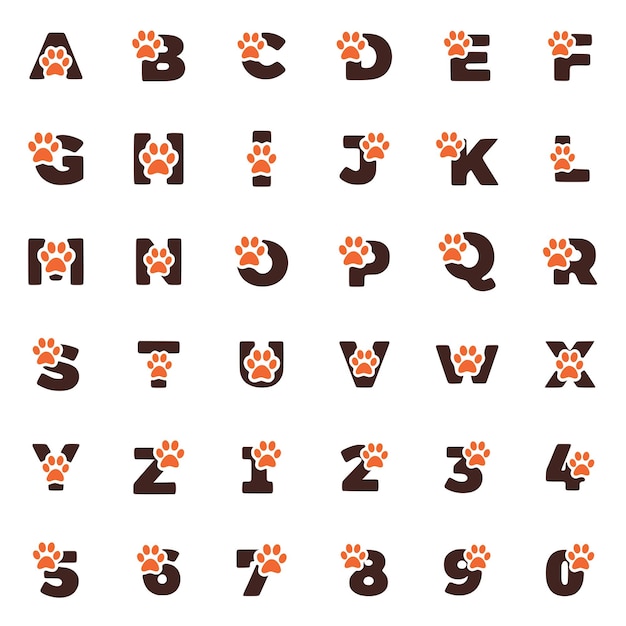 Conjunto de letras e números criativos com símbolo de impressão de pata animal
