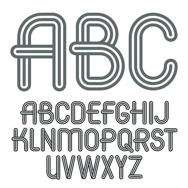 Conjunto de letras maiúsculas vetoriais da moda, abc isolado. fonte tipo retrô, script de a a z pode ser usado para criação de logotipo. criado usando listras triplas, linhas paralelas.