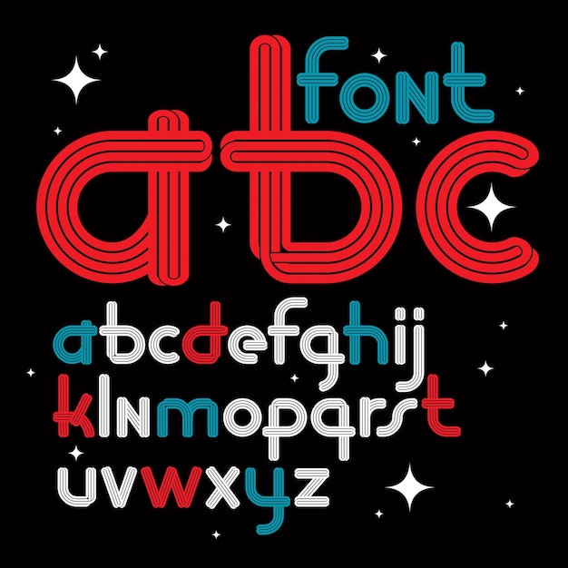 Conjunto de letras minúsculas do alfabeto inglês funky vector arredondado com linhas paralelas, pode ser usado como elemento de design de logotipo para empresas de eventos.