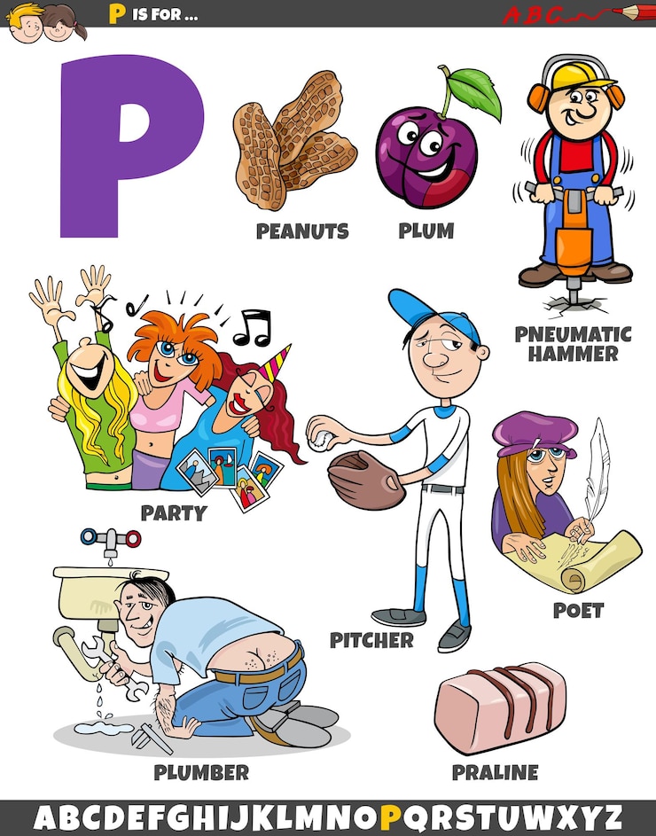 Vetor conjunto de letras p com objetos e personagens de desenhos animados