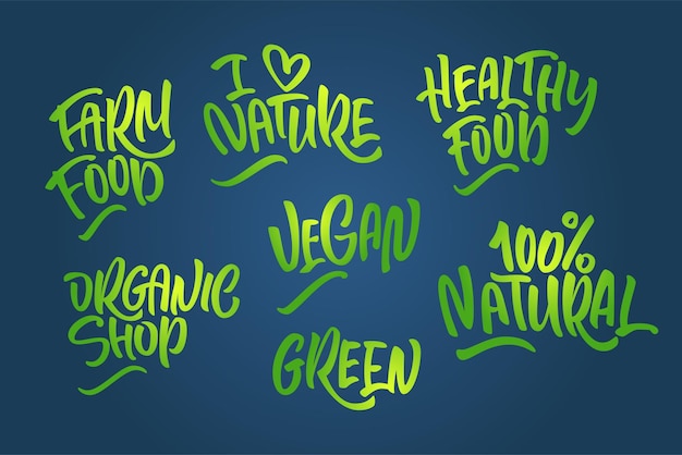 Conjunto de letras para produtos naturais nas cores verdes. logo manuscrito eu amo a natureza, loja orgânica, comida de fazenda, 100% natural, comida saudável, verde, vegana. texto vetorial