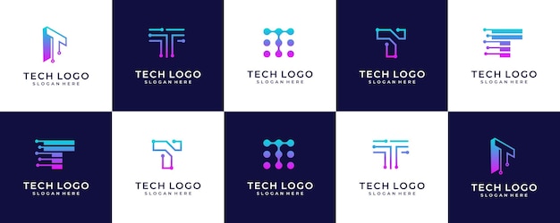 Vetor conjunto de letras t tech design de letras abstrato conexão de pontos cruz vetor logotipo ícone círculo logótipo