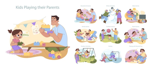 Conjunto de ligação entre pais e filhos envolvendo-se em jogos de brincadeira em ambientes fechados e ao ar livre, compartilhando momentos educacionais