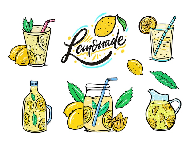Conjunto de limonada de verão. Limão, hortelã, rodelas de limão, copo e jarro. conjunto. Estilo de desenho animado.