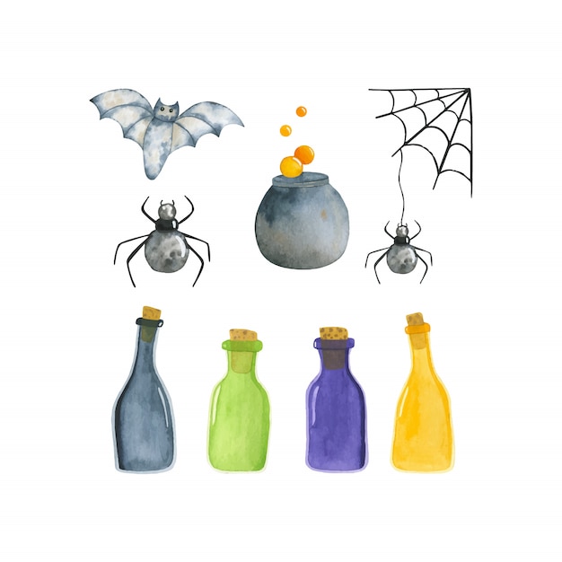 Vetor conjunto de lindas ilustrações em aquarela, poção, aranhas, morcego. ilustração em aquarela de halloween isolada no fundo branco