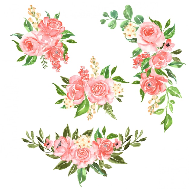 Vetor conjunto de lindo arranjo de flores em aquarela rosa rosa