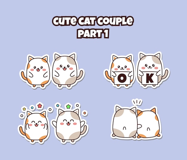 Conjunto de lindo casal kawaii gatinho para adesivos de mídia social emoji dizer ok feliz e abraçar design plano