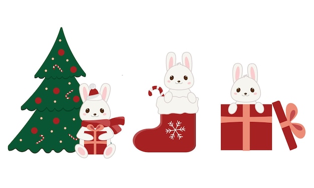 Conjunto de lindos coelhinhos de natal. coleção de adoráveis coelhos de ano novo.