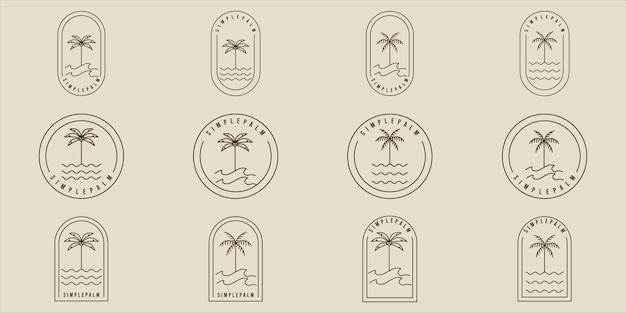 Conjunto de linha de palmeira simples vetor ilustração minimalista modelo ícone design gráfico coleção de pacotes de vários sinais de ilha e praia ou símbolo para viagens ou negócios de aventura com crachá