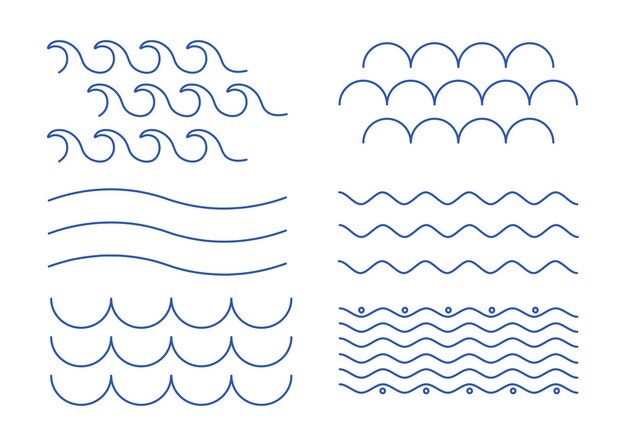 Vetor conjunto de linhas abstratas, ondas e zigzags de cor azul para sites e impressão minimalista
