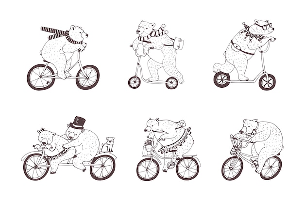 Conjunto de linhas de ilustrações vetoriais de ursos em bicicletas